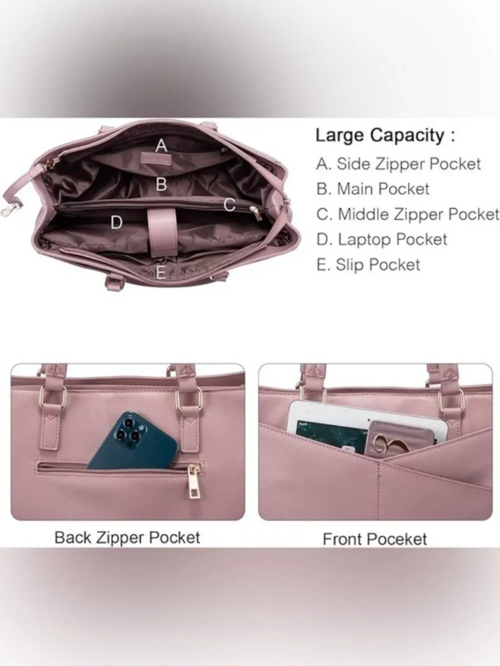 LOVEVOOK Laptop Tote Bag for Women 15.6 Inch Waterproof Leather Briefcase Mauve